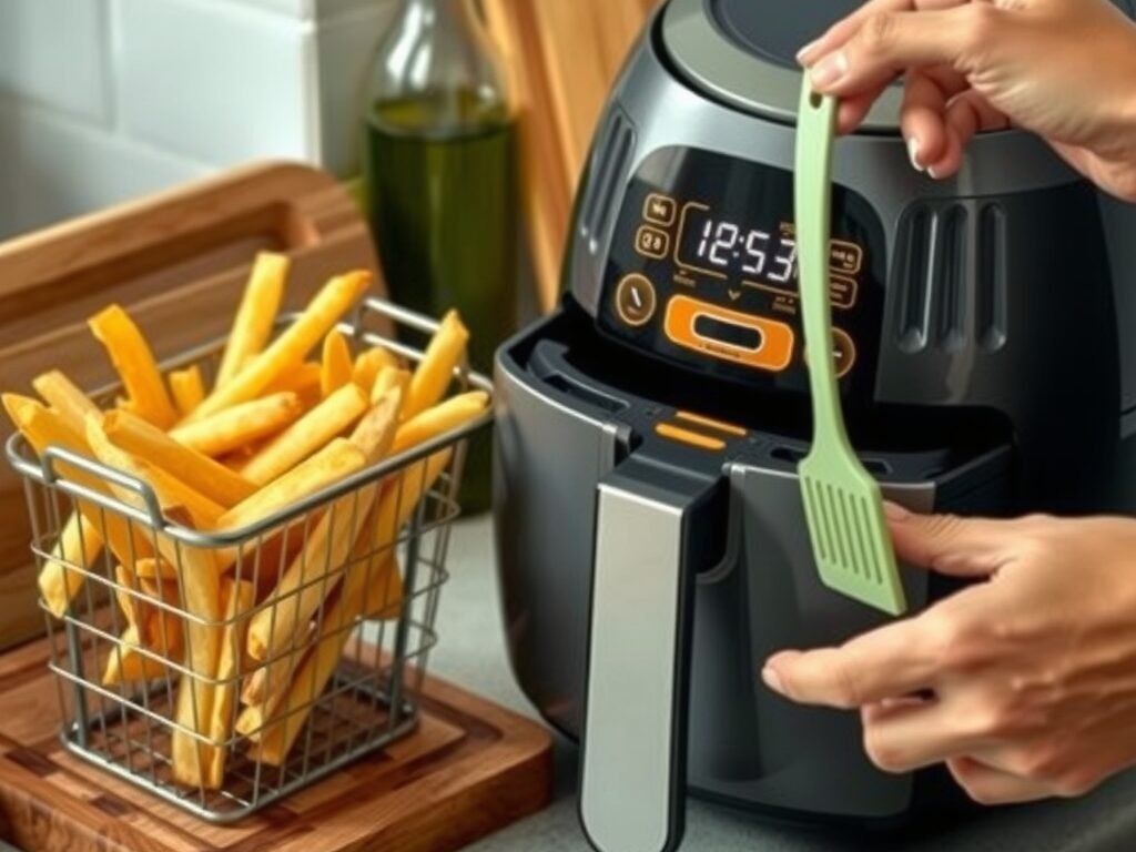 Air fryer com cesta de batatas fritas crocantes sobre bancada de cozinha