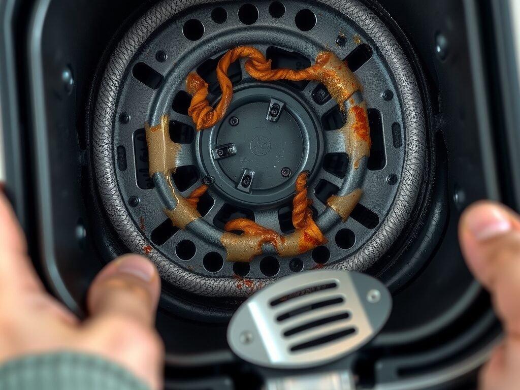 Elemento aquecedor com resíduos carbonizados dentro da air fryer