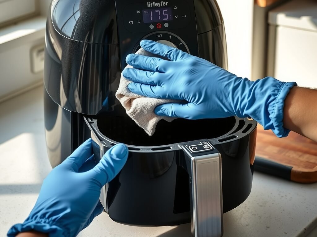 Mão com luva limpando a cesta de uma air fryer na bancada da cozinha