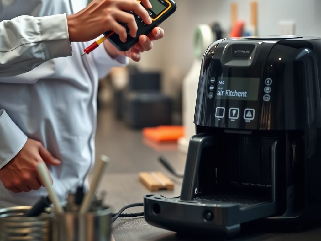 Técnico avaliando a air fryer com multímetro