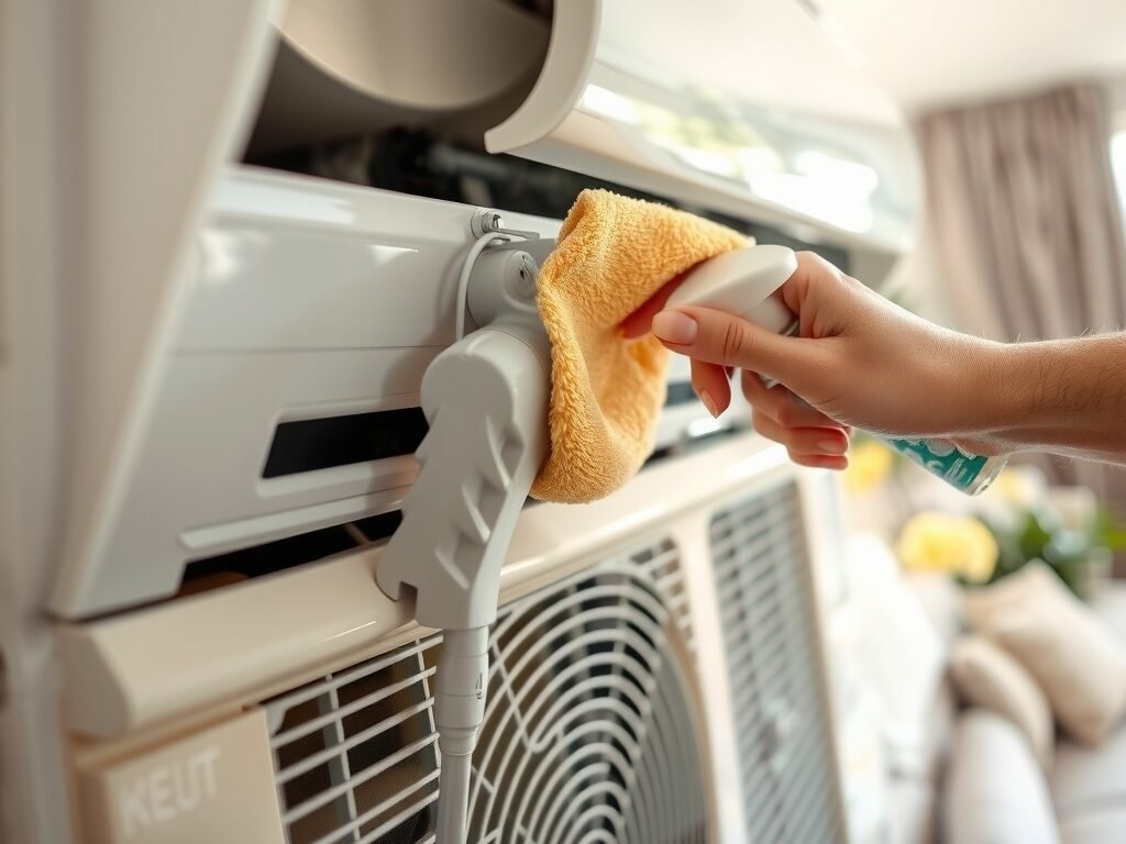 Mão limpando a unidade interna de ar-condicionado com pano e spray