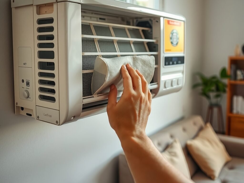 Unidade interna de ar-condicionado com filtro sendo removido em ambiente residencial
