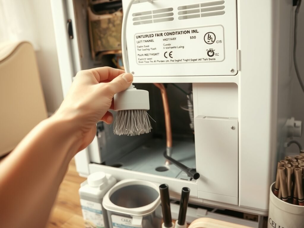 Mão limpando a bandeja de drenagem de ar-condicionado indoor
