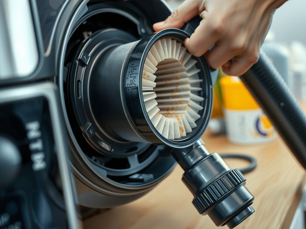 Filtro de ar sujo sendo retirado do aspirador