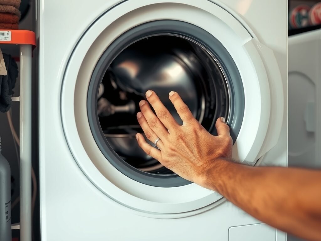 Técnico inspecionando a porta e selo de uma máquina de lavar em ambiente doméstico