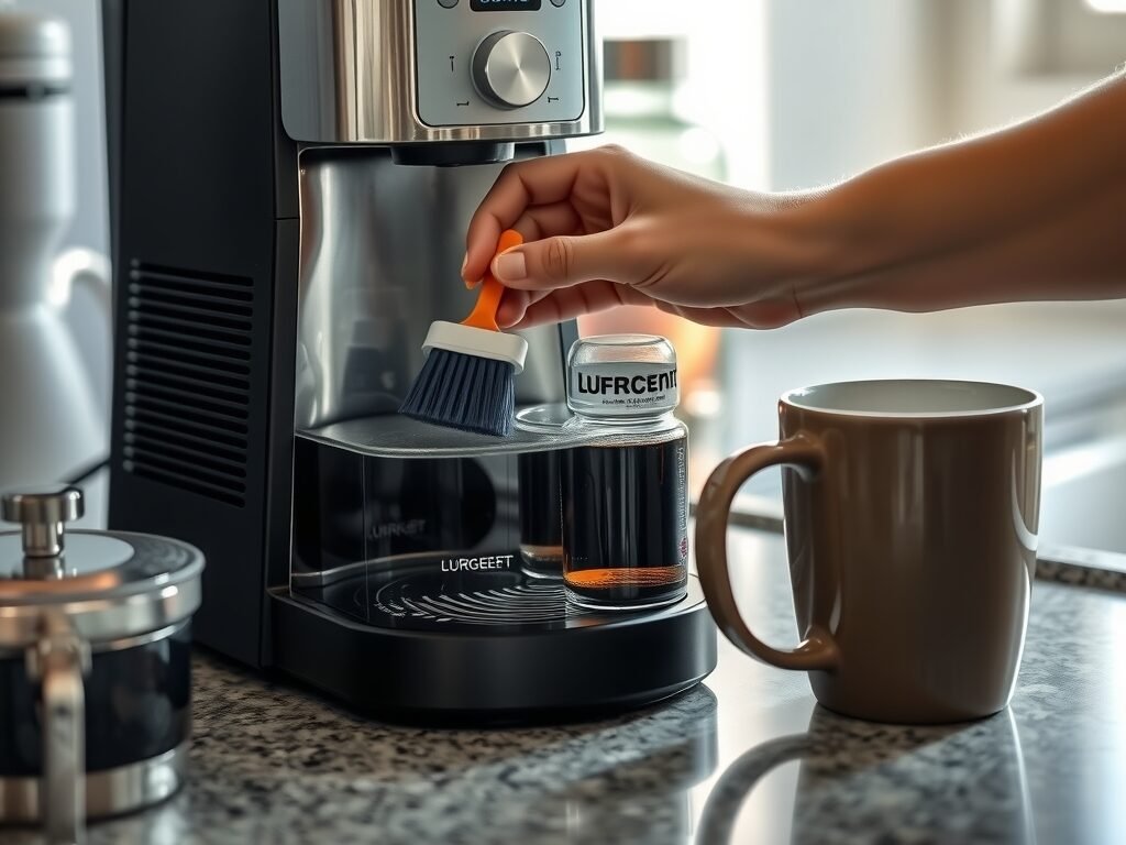 Mão limpando o reservatório de água de uma cafeteira