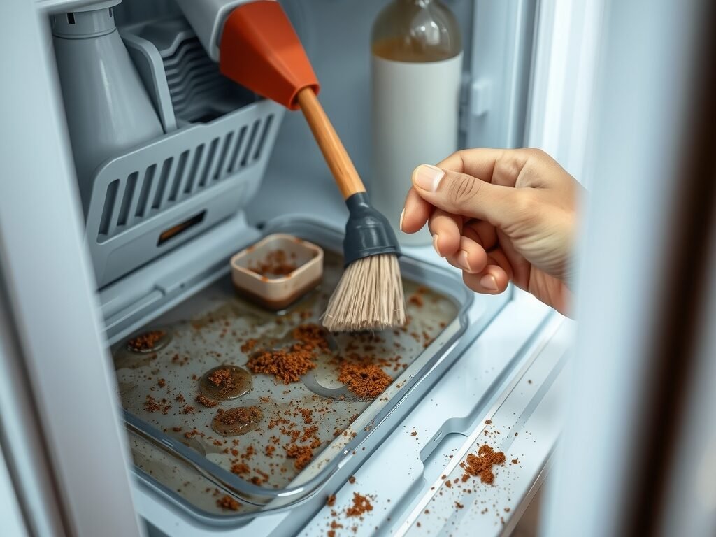 Bandeja de condensação suja sendo limpa