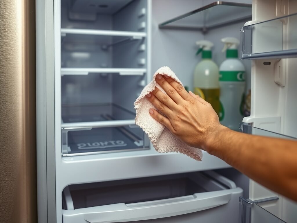 Mão limpando a borracha da porta da geladeira com pano