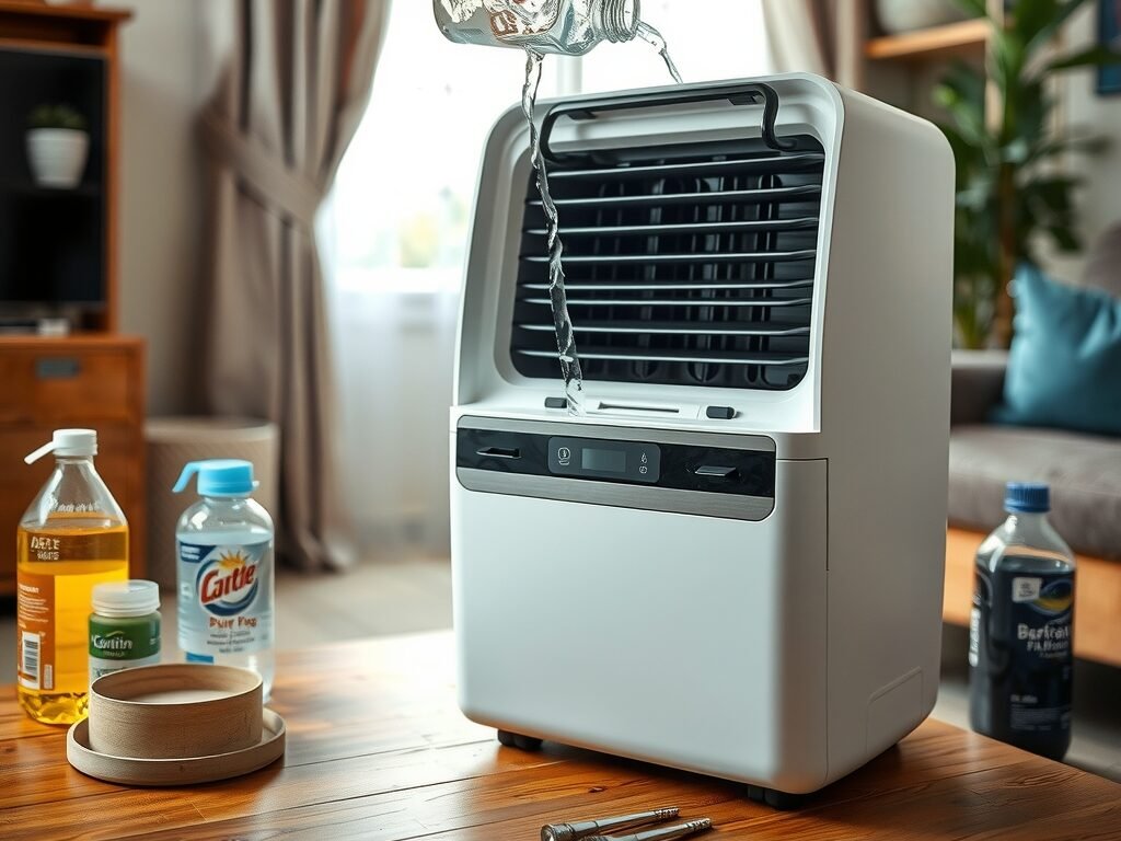 Climatizador de ar portátil sendo abastecido com água em ambiente doméstico