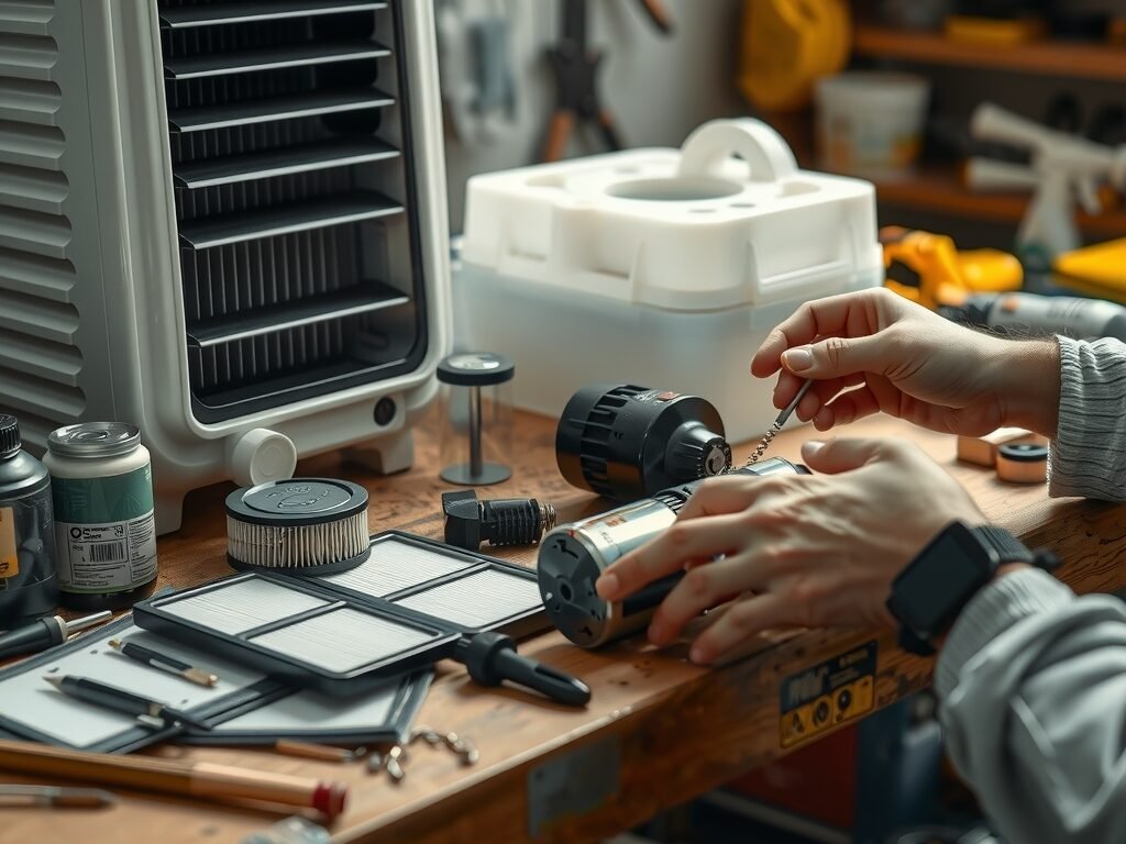 Peças de reposição de climatizador organizadas sobre bancada