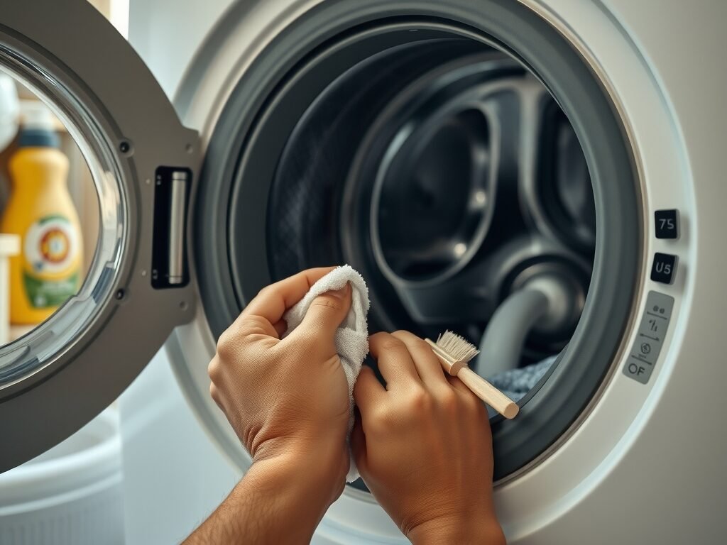 Mão limpando a borracha da porta da máquina de lavar