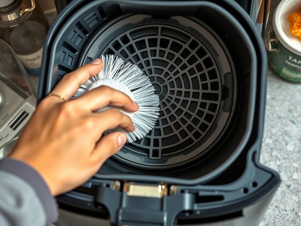 Mão limpando a resistência de air fryer com escova de nylon