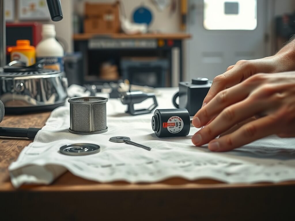 Peças de reposição para cafeteira dispostas sobre bancada