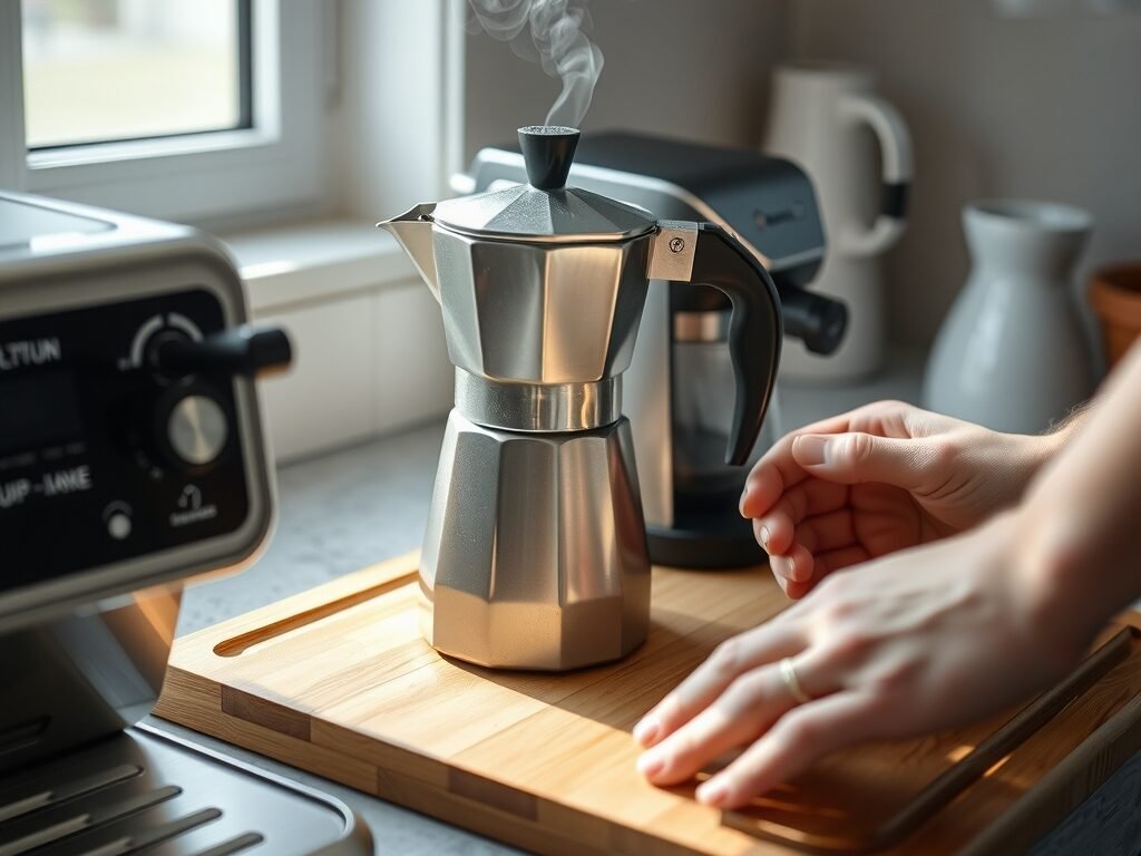 Cafeteira italiana e elétrica em balcão de cozinha iluminado naturalmente