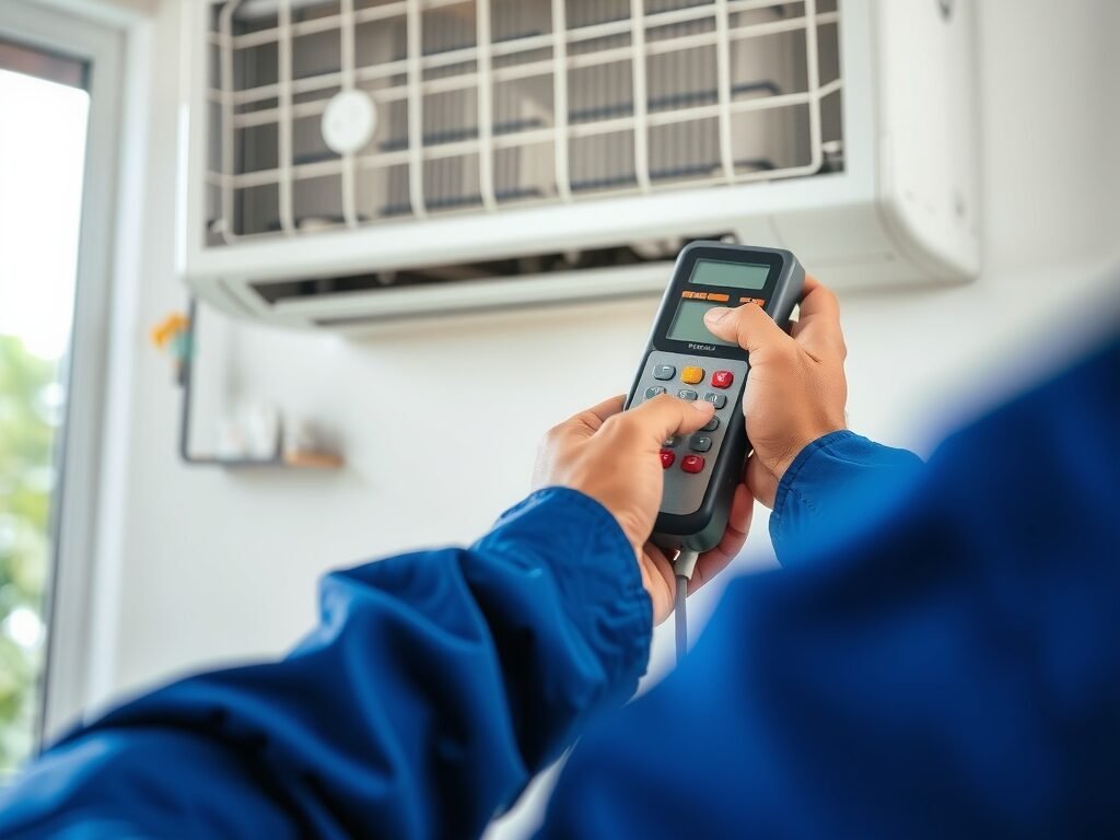 Unidade interna de ar-condicionado com técnico apontando para o LED piscante