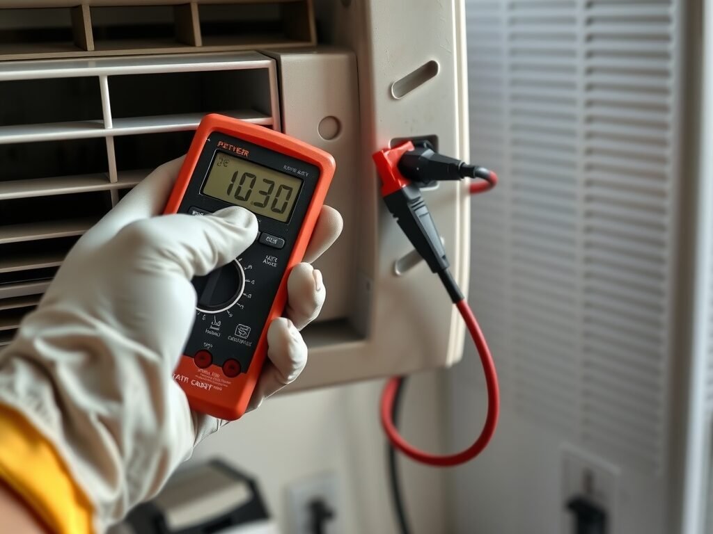 Mãos com multímetro verificando energia do ar-condicionado