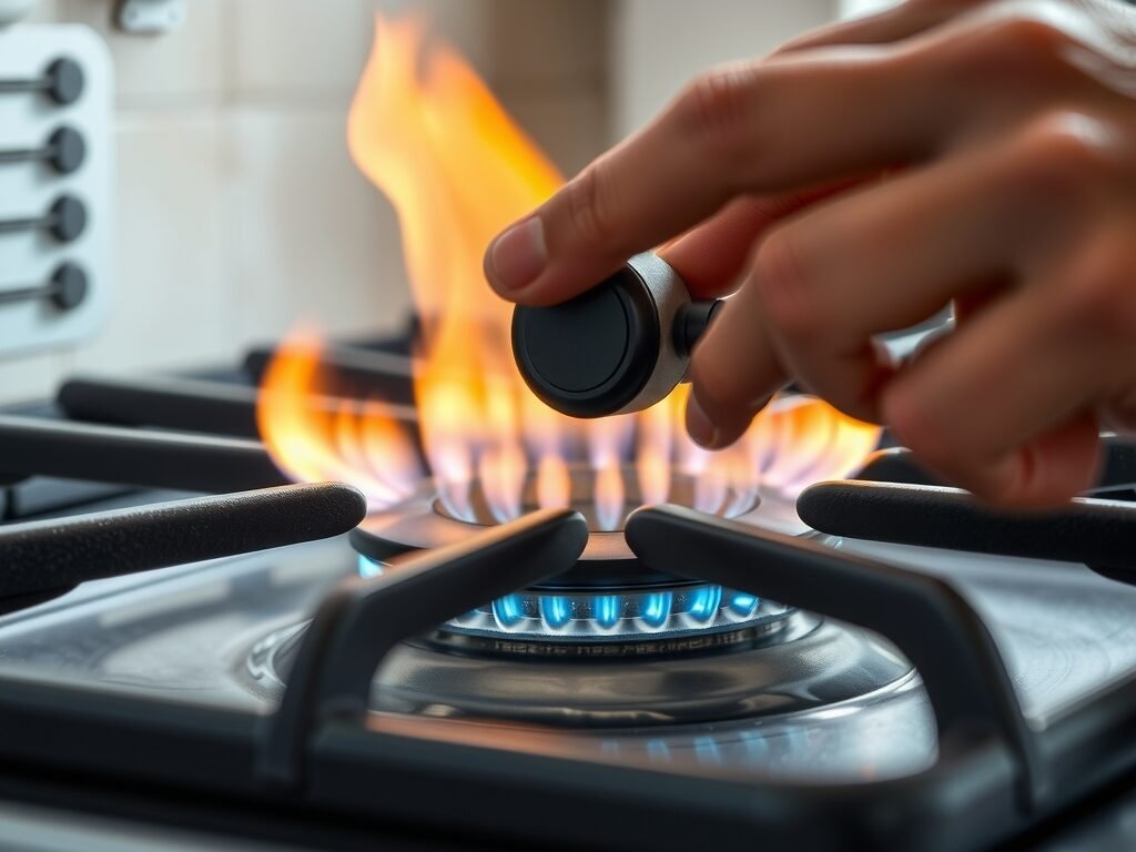 Queimador de fogão com chama amarela e mão ajustando o regulador