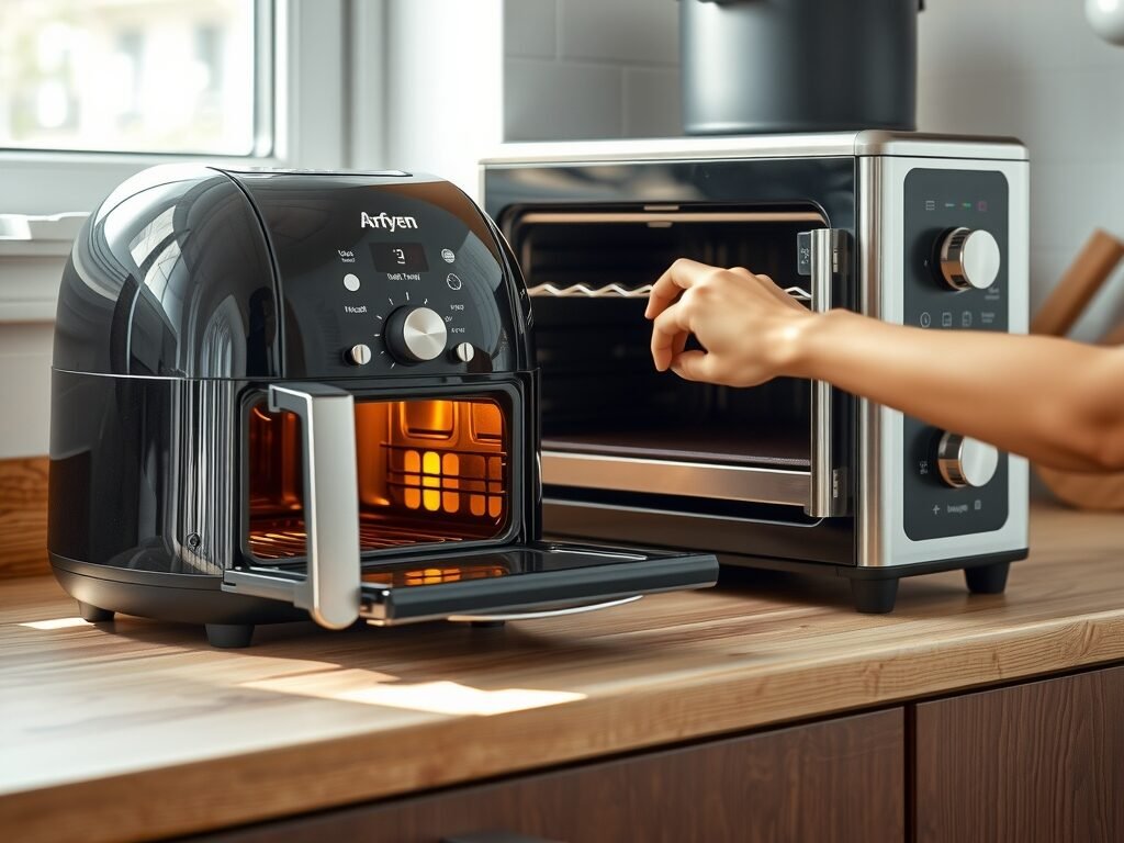 Air fryer e forno elétrico lado a lado em bancada de cozinha