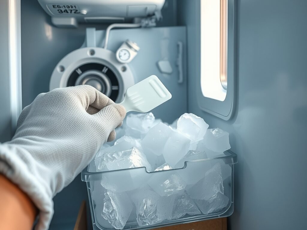 Degelo de freezer com gelo acumulado e espátula de plástico