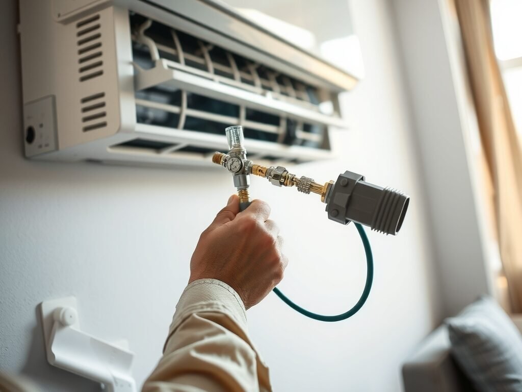 Técnico verificando conexão de gás de ar-condicionado split em ambiente residencial