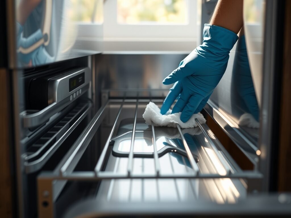 Mão com luva limpando água acumulada na gaveta inferior da geladeira