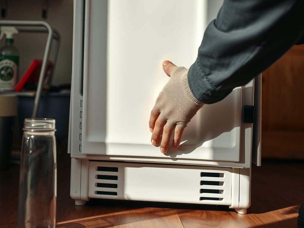Geladeira vista pela parte traseira com mão ajustando nivelamento