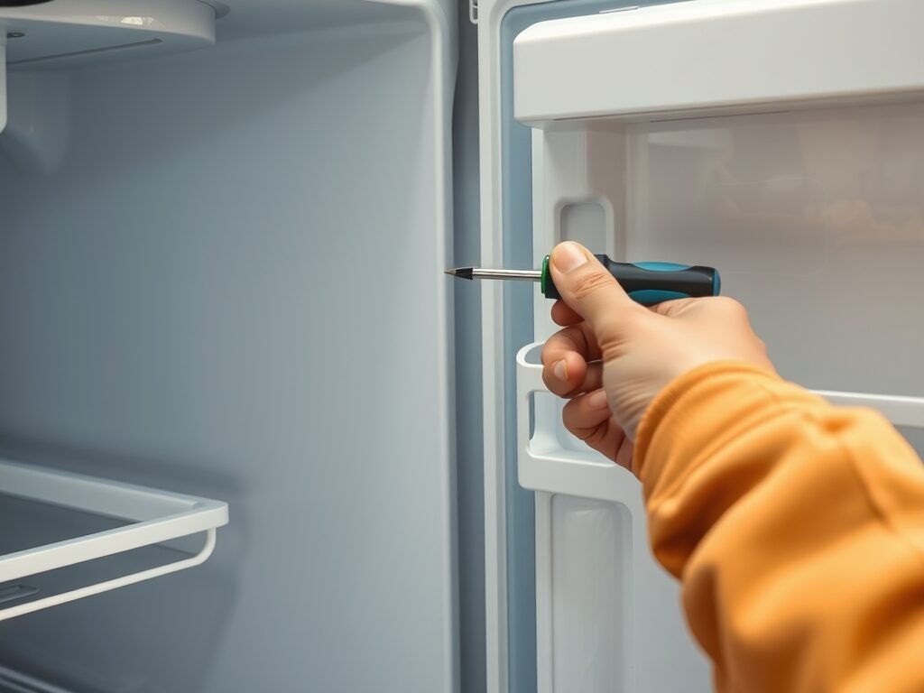 Técnico ajustando a borracha da porta de geladeira inverter