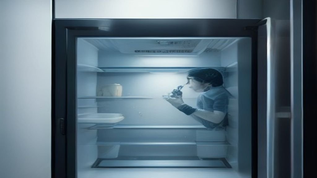Mão com luvas removendo gelo do evaporador da geladeira