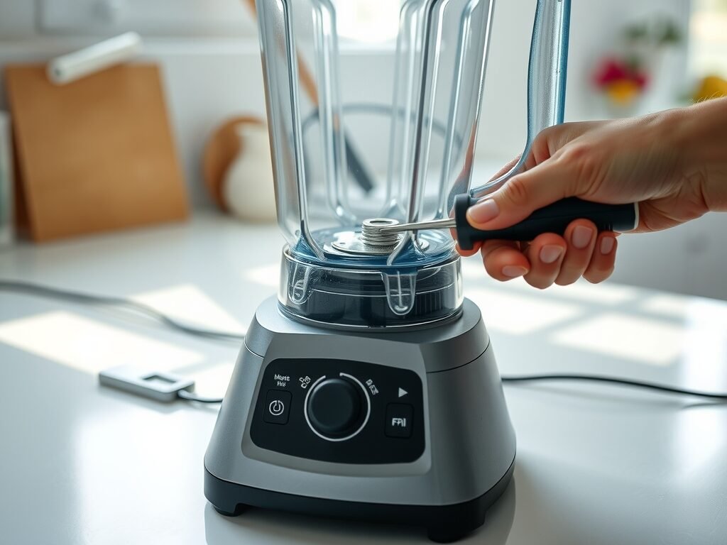 Mão limpando lâminas de liquidificador na bancada