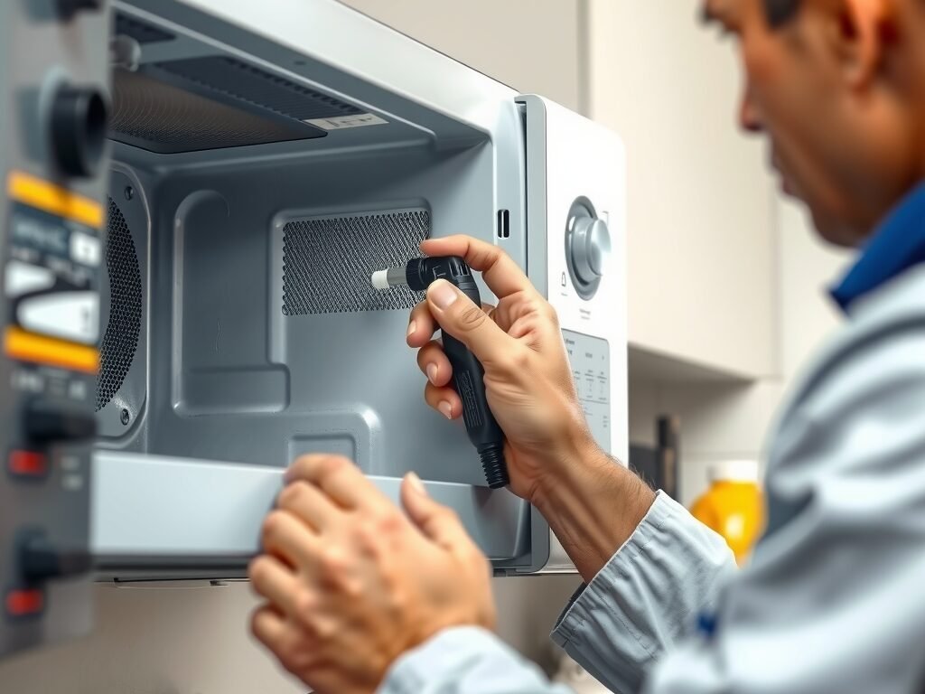 Técnico avaliando o micro-ondas