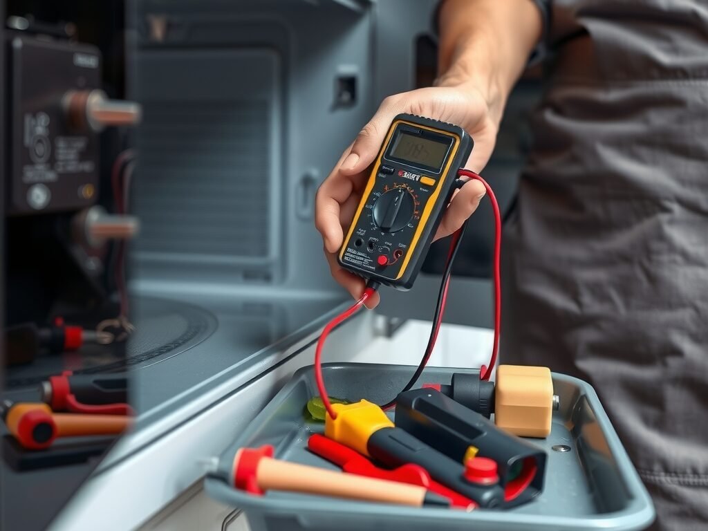 Técnico preparado para reparar micro-ondas, ferramentas ao lado