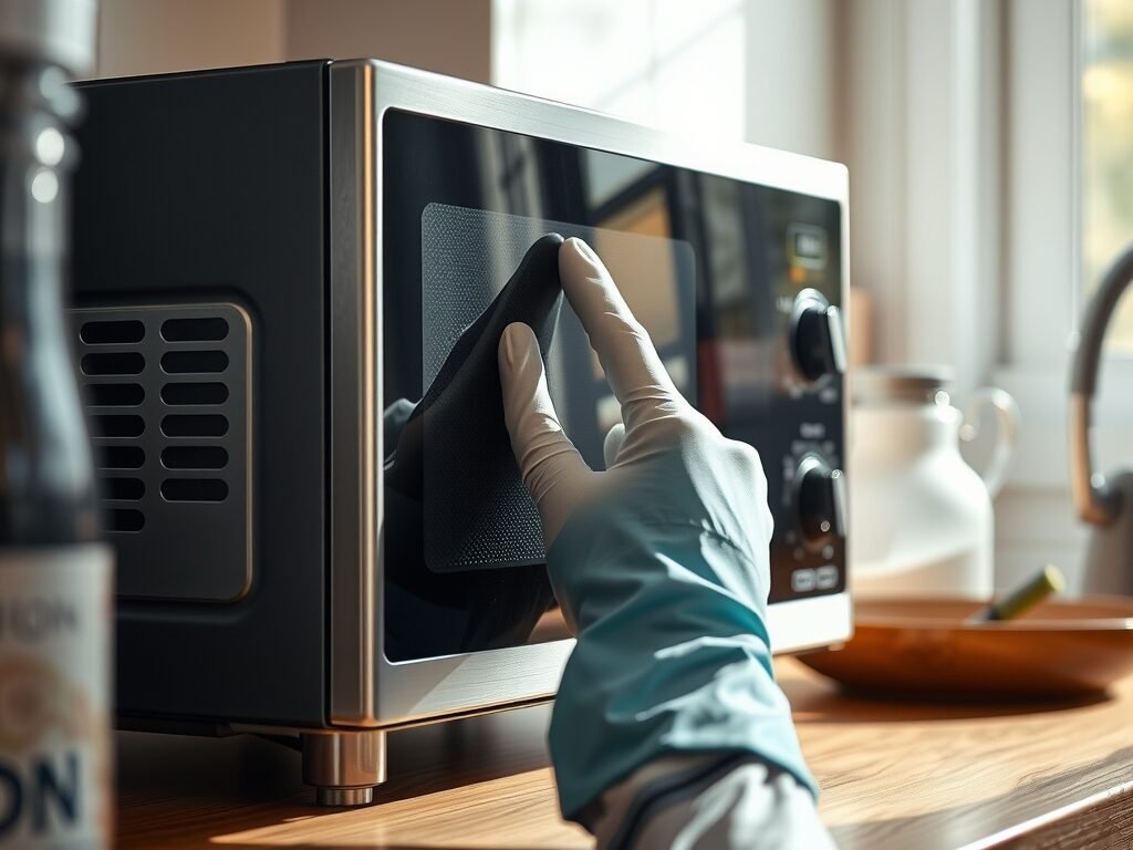 Mão usando luva de cozinha pressionando painel de micro-ondas em bancada iluminada