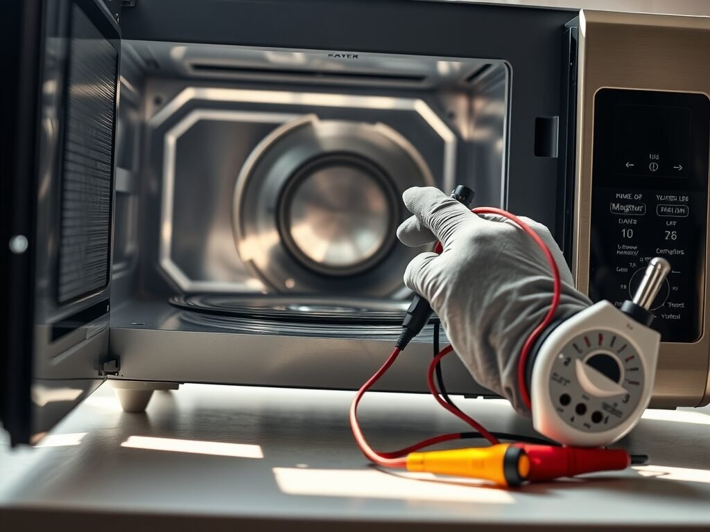 Técnico verificando o magnetron de um micro-ondas com multímetro