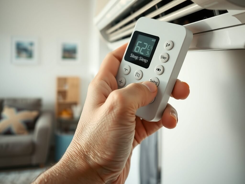 Mão segurando controle de ar-condicionado com botões Eco, Sleep e Swing