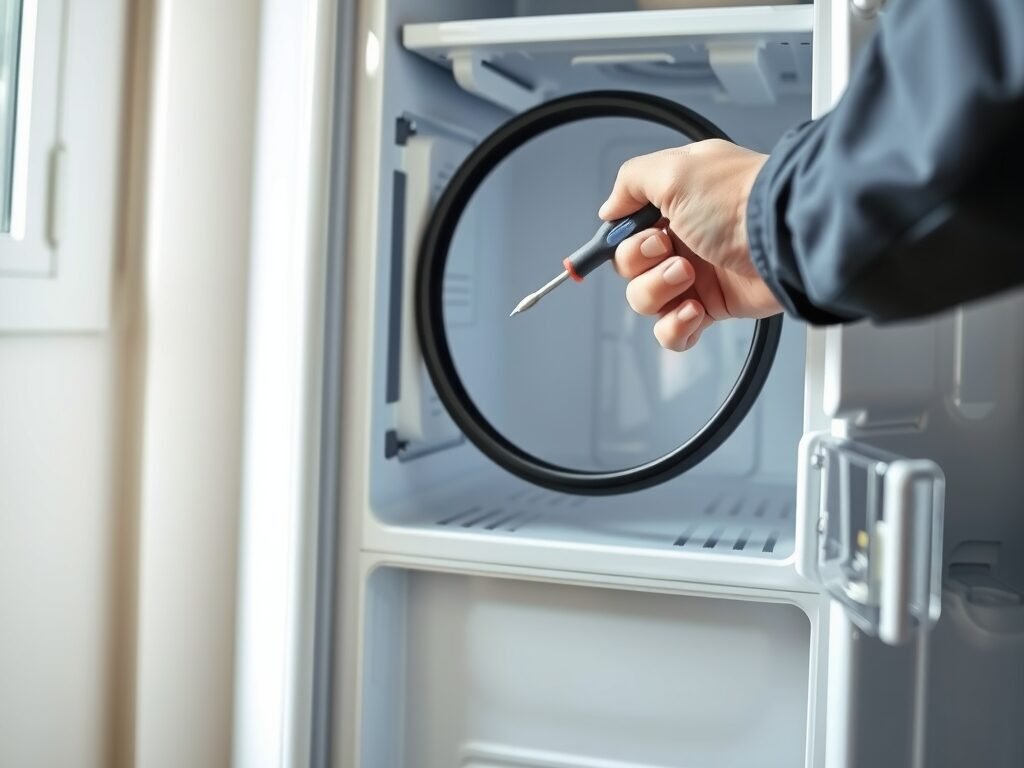 Técnico segurando nova borracha de vedação ao lado da geladeira aberta