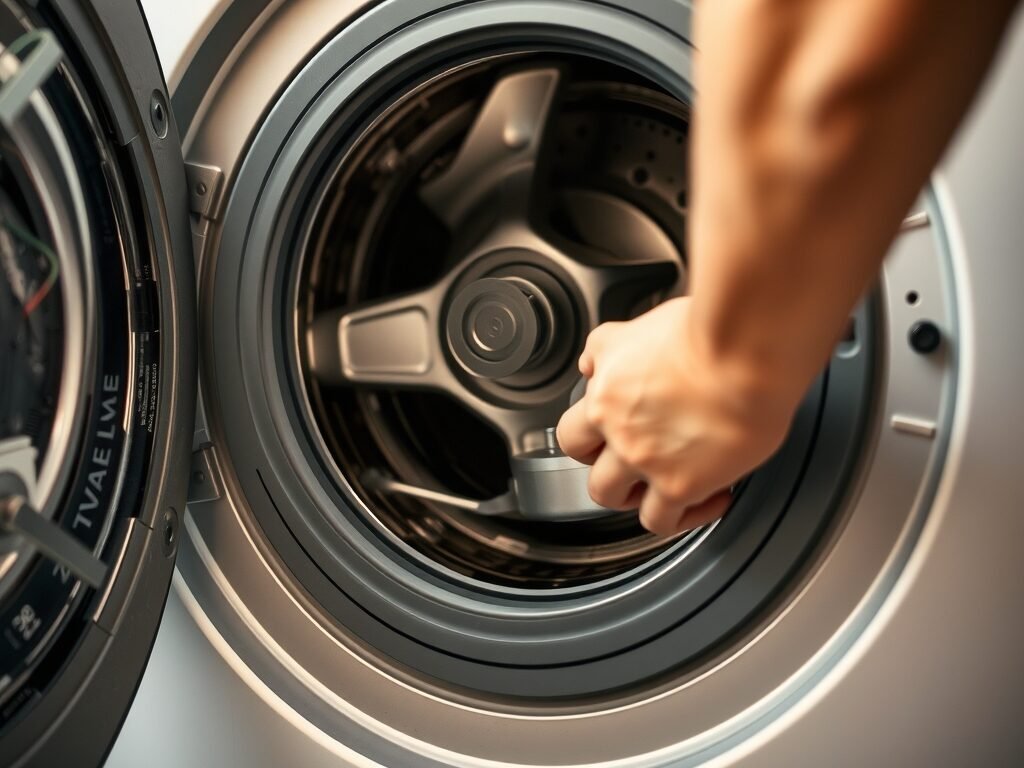 Mão de técnico ajustando o motor de uma máquina de lavar aberta