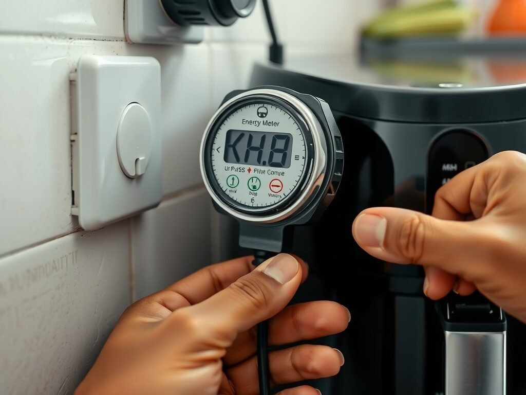 Medidor de energia mostrando consumo da air fryer