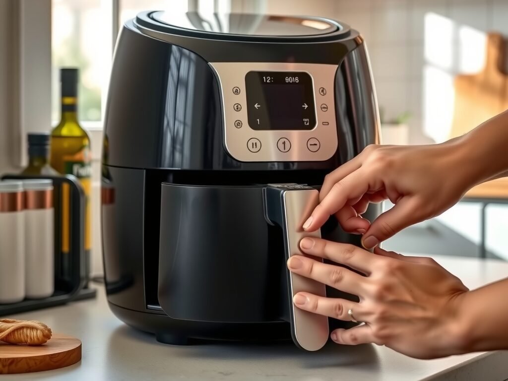 Air fryer moderna sobre bancada de cozinha iluminada naturalmente