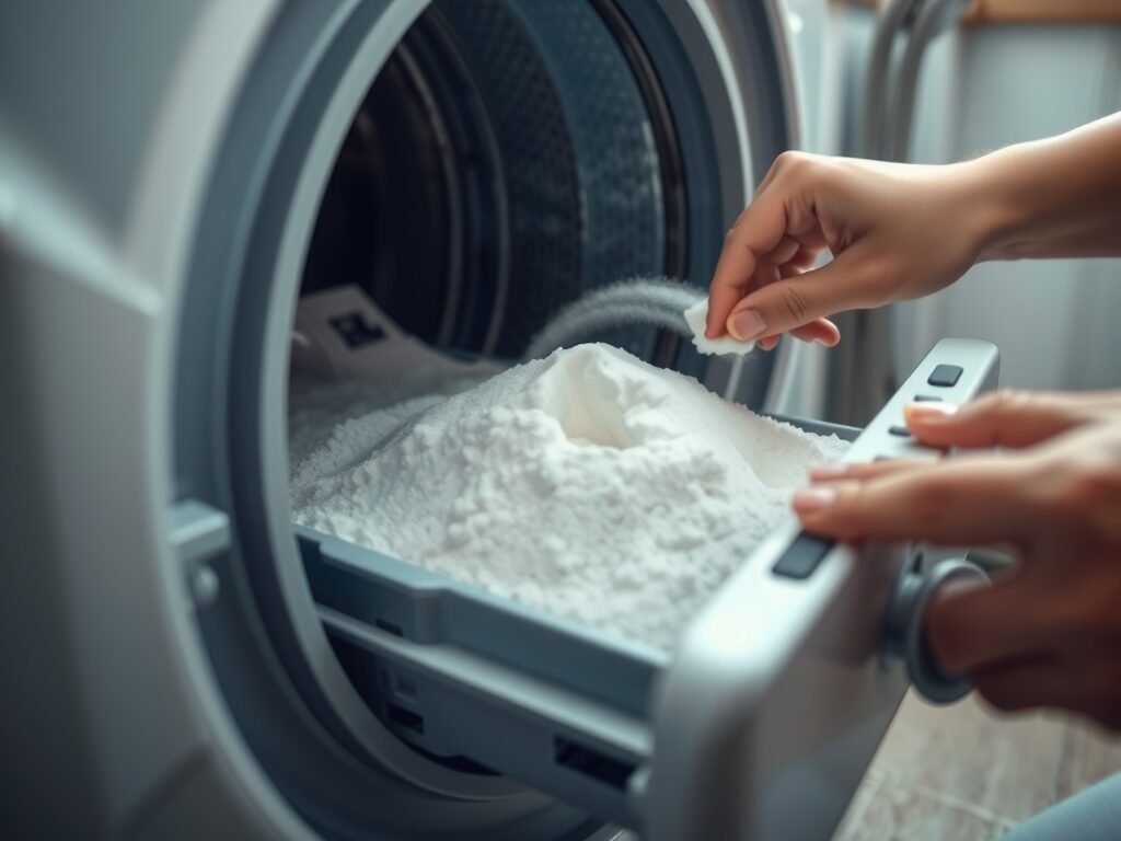 Mão abrindo a gaveta de detergente com espuma visível
