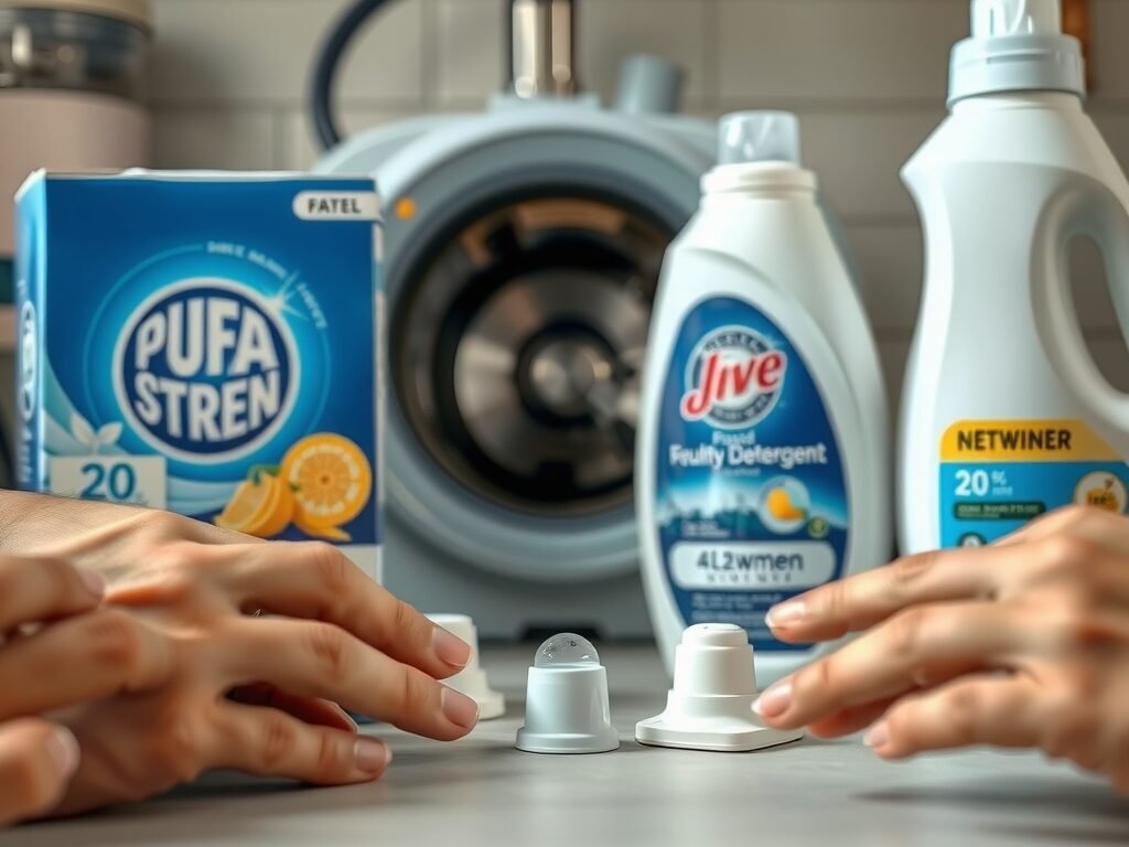 Caixas e frascos de detergente sem marcas, mostrando diferentes formatos