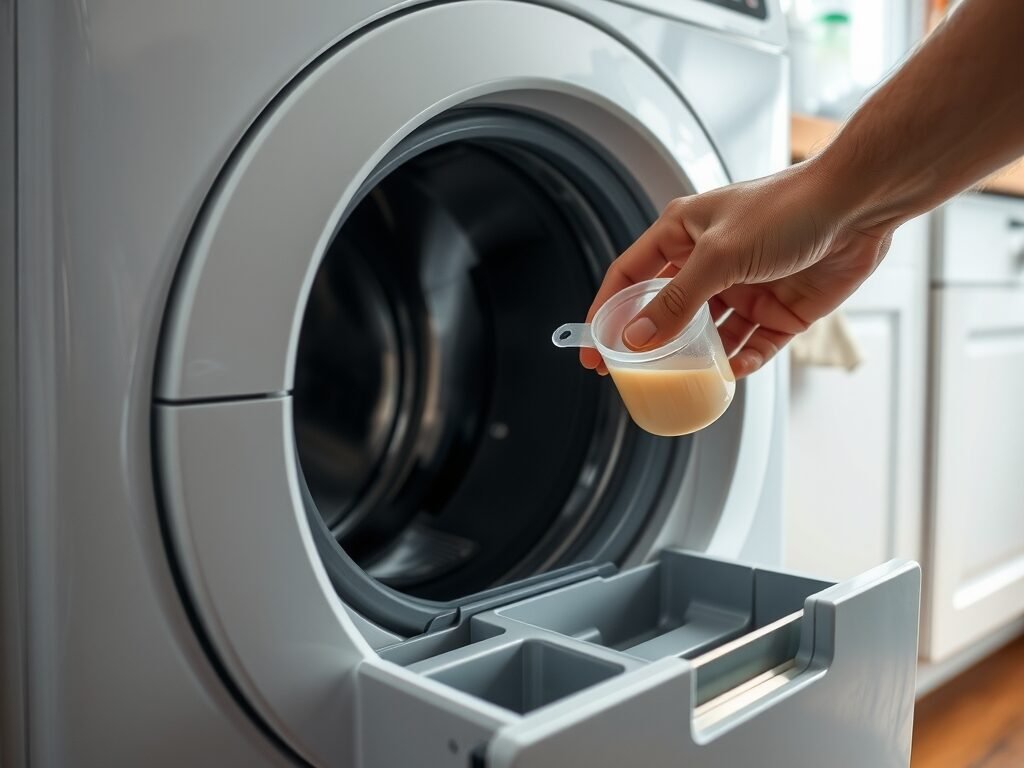 Mão medindo detergente líquido ao lado da gaveta de sabão de uma lavadora