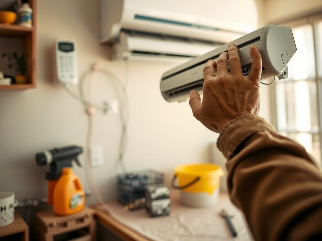 Unidade split instalada na parede com técnico ajustando o condensador externo