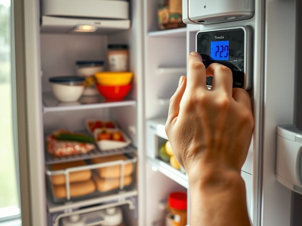 Mão ajustando o controle de temperatura dentro da geladeira