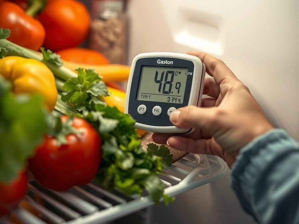 Termômetro digital mostrando 4 °C dentro da geladeira