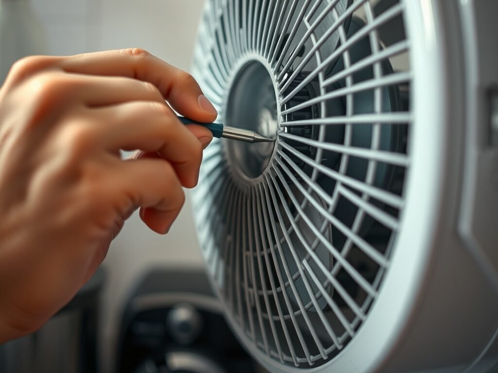 Mão limpando grelha de ventilador de mesa