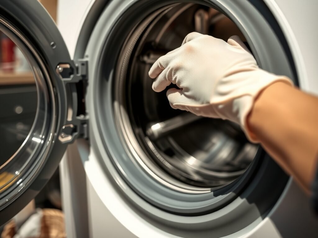 Mão ajustando a vedação de porta de máquina de lavar frontal