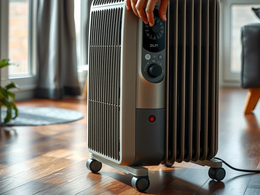 Aquecedor elétrico a óleo em ambiente doméstico, luz natural, mão ajustando o termostato