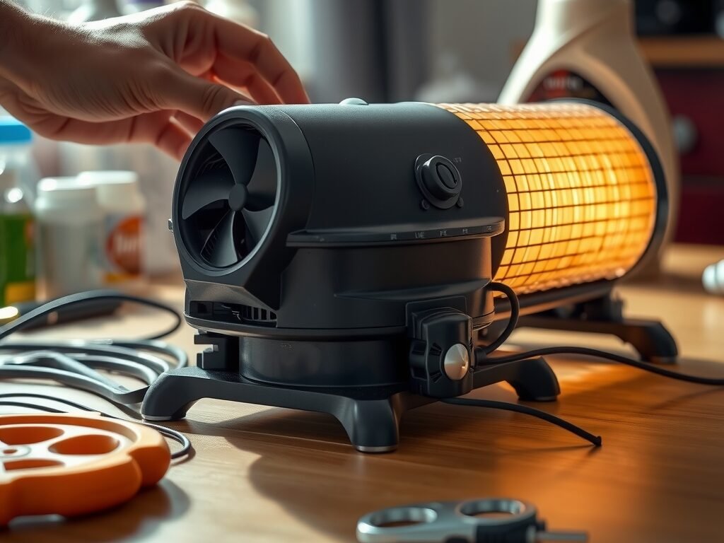 Aquecedor cerâmico com ventilador, elemento brilhando