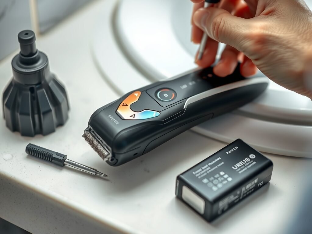 Barbeador elétrico e bateria de reposição em bancada de banheiro