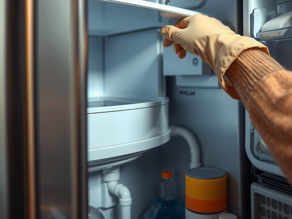 Mão verificando o dreno e a bandeja de degelo dentro da geladeira